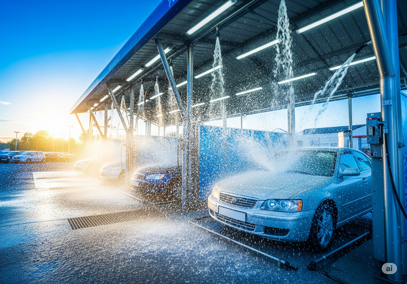 水をたくさん使って洗車している様子